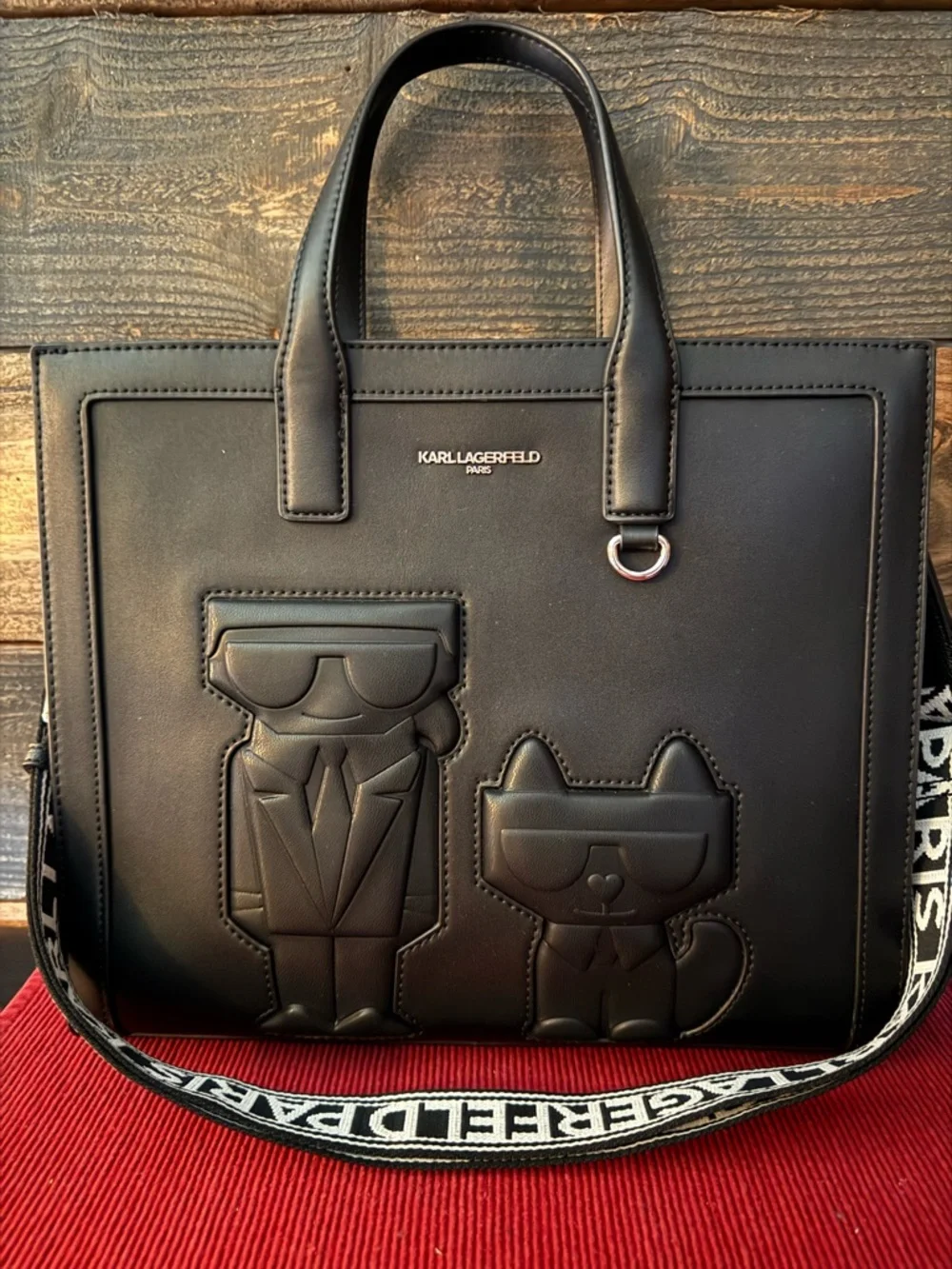 Karl Lagerfeld Black Leather Embossed Top-Handle Tote